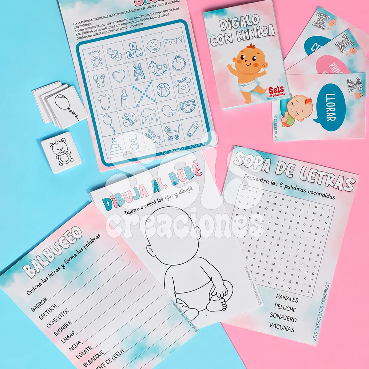 Combo juegos baby shower/revelación — Seis Creaciones